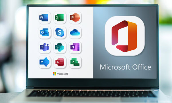 Laptop computer displaying logos of Microsoft Office, a family of client software, server software, and services developed by Microsoft